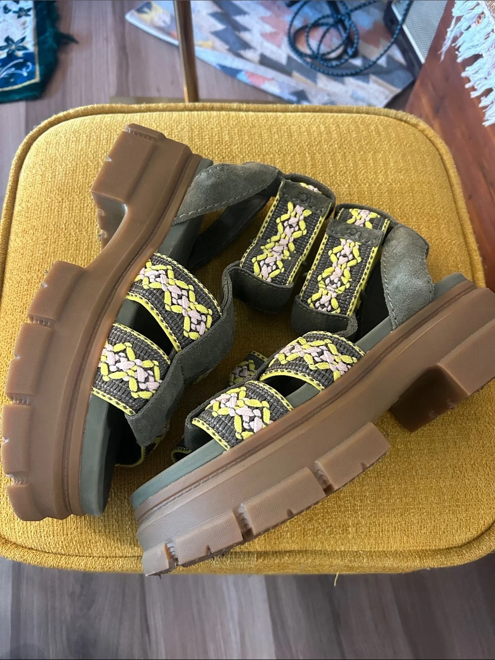UGG Olive Green Braided Platform Sandals with Brown Sole